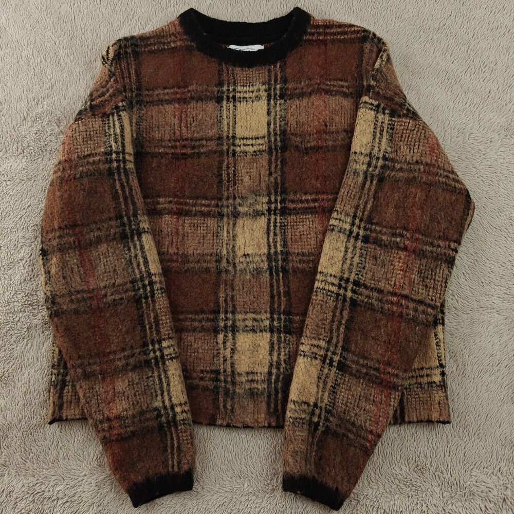 Urban Outfitters Brushed Wool Tartan Crewneck Sweater Men's M Brown Tan